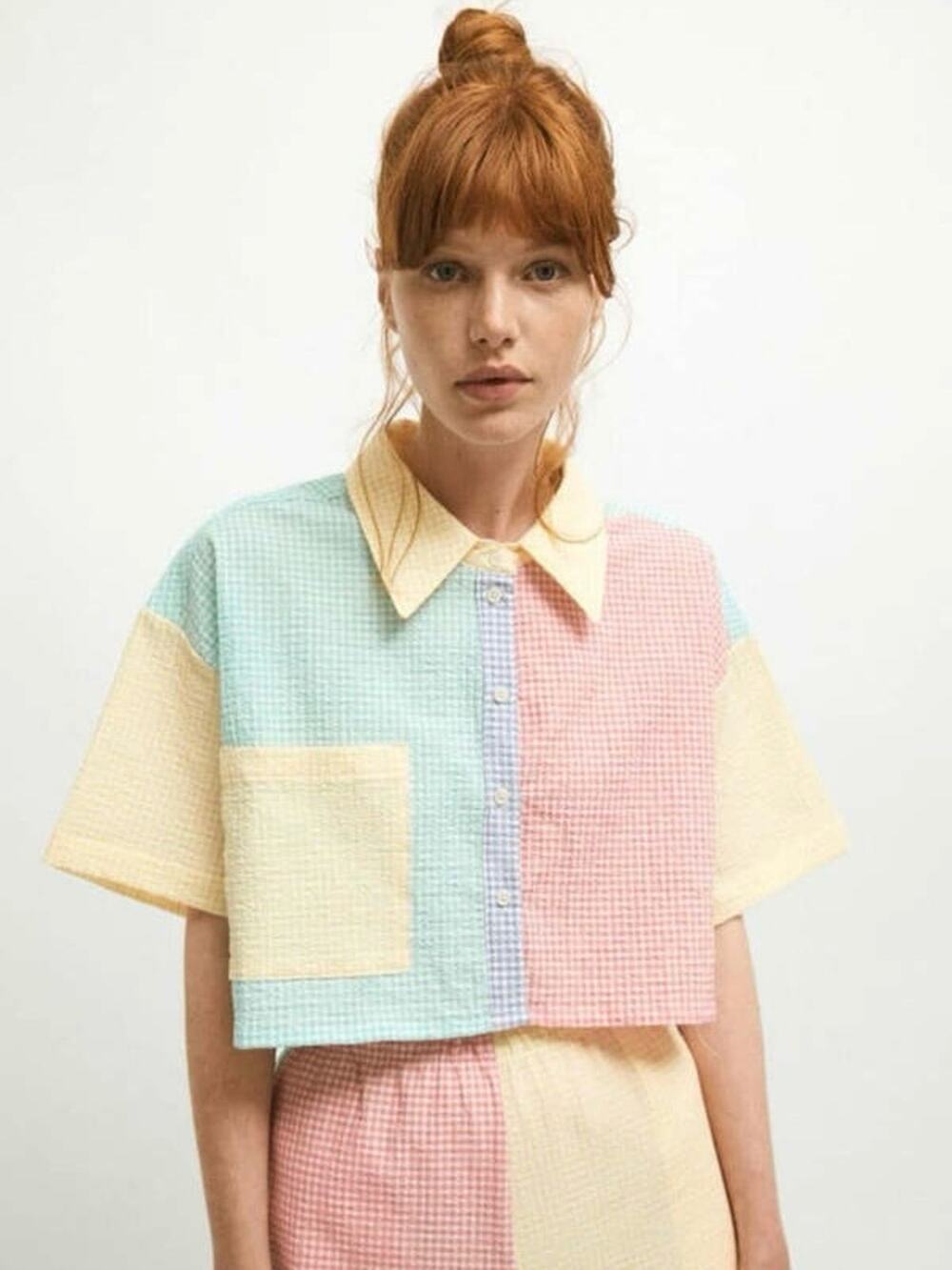 NEW Rita Row Serafina Gingham Patchwork Cropped Button Up Top Women's Small $166